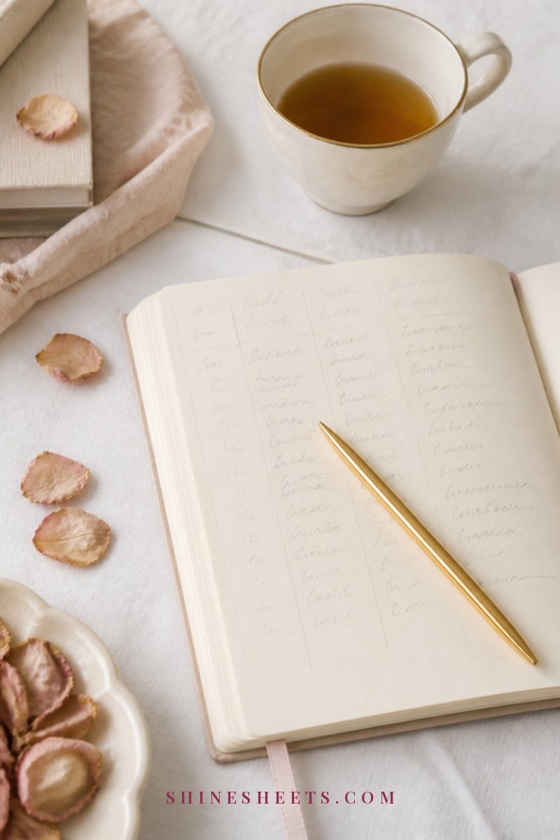 An open cream notebook with soft illegible handwriting, a gold pen and a cup of tea on a linen tablecloth