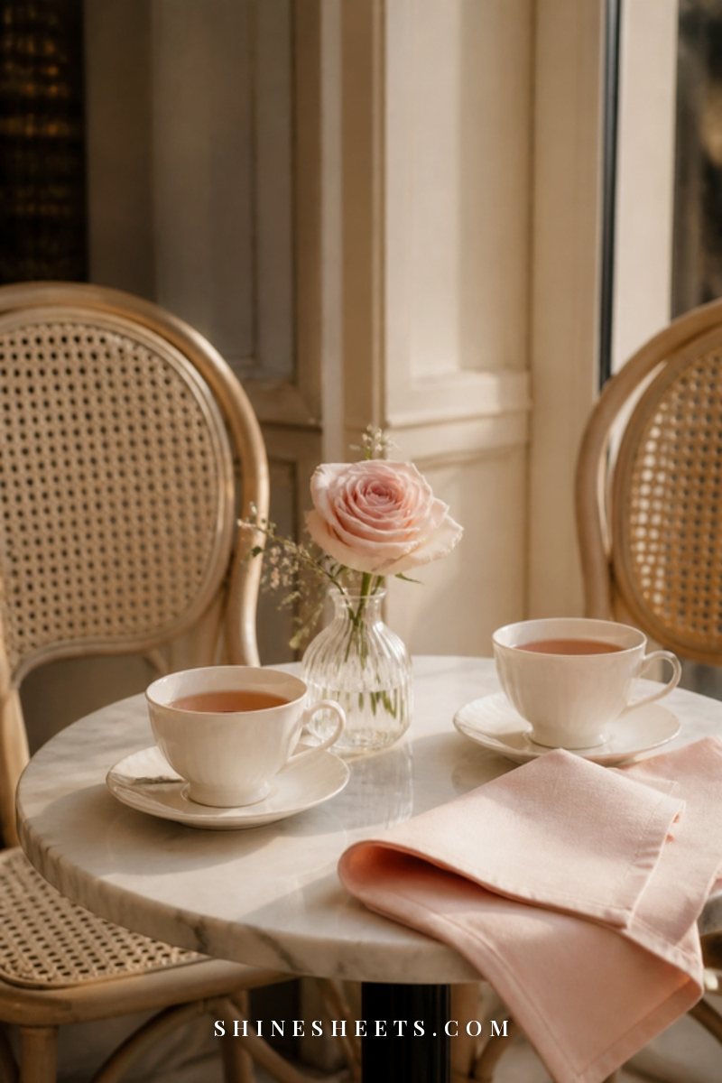 Two cups of tea on a small round café table with a blush napkin and soft afternoon light, no people