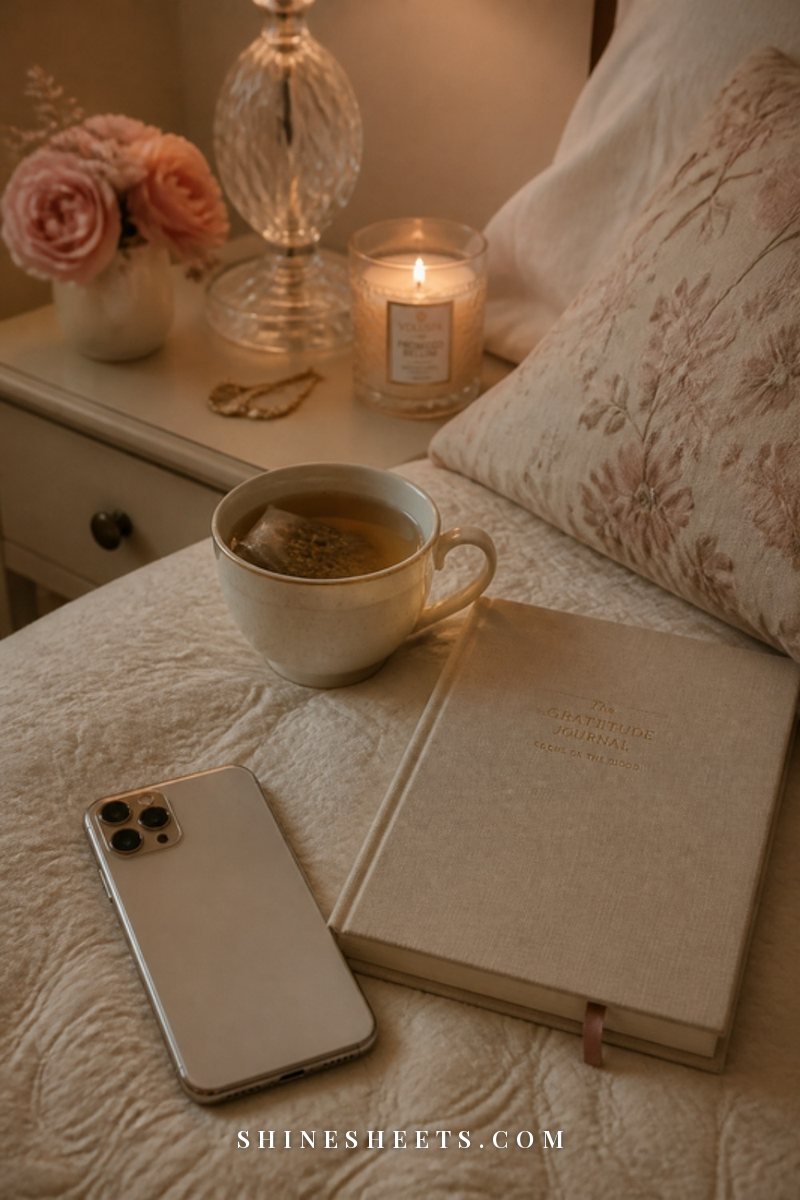 A woman's hand resting beside a phone placed face down on a cream blanket next to a cup of herbal tea