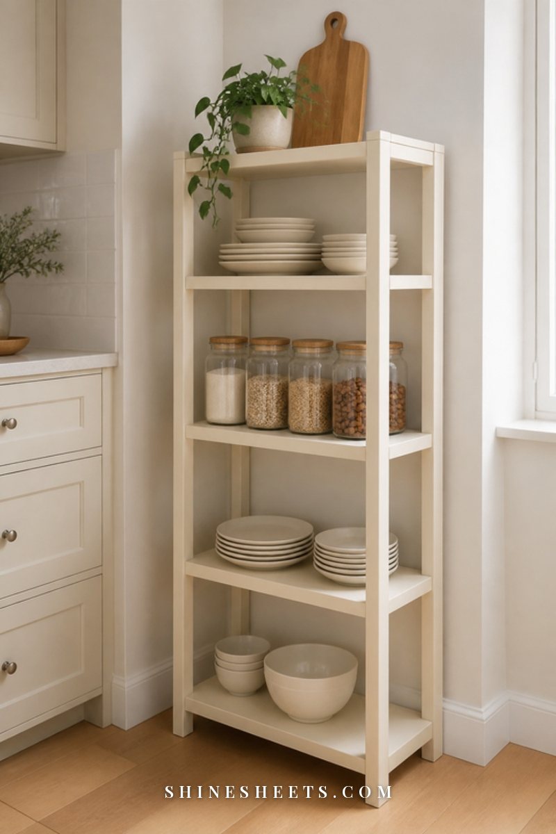 Freestanding cream wooden kitchen shelf unit with stacked dishes, glass jars and a small plant against a white wall