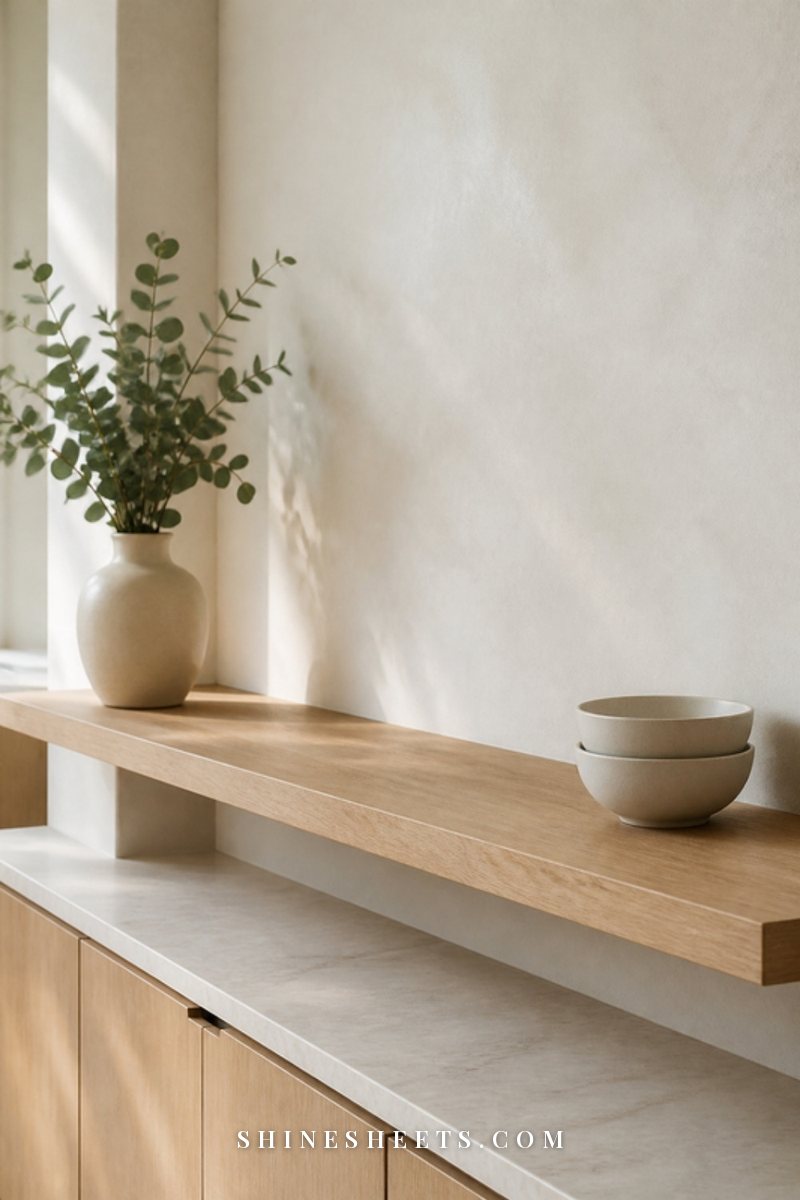 Minimal open kitchen shelf with a single cream vase of eucalyptus and generous empty space on light oak wood