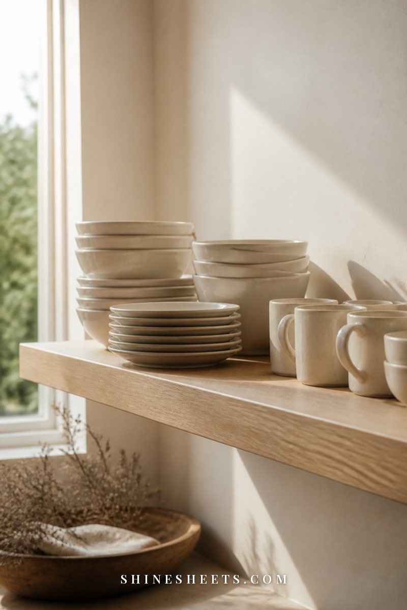 Neat stacks of cream ceramic plates and bowls with a row of cream mugs on a light oak floating kitchen shelf