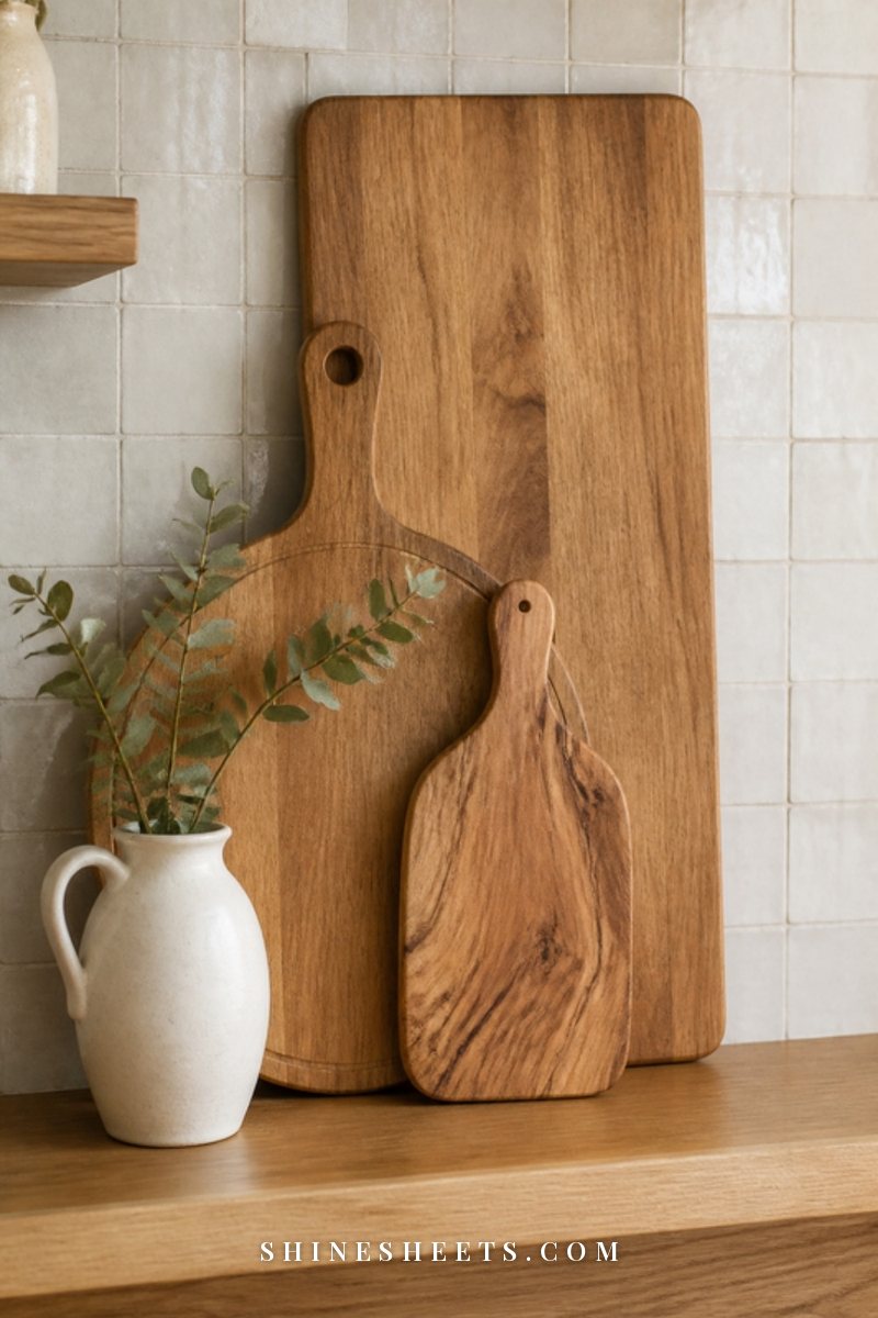 Three wooden cutting boards of different shapes leaning against a white tile wall on an open shelf with a cream pitcher