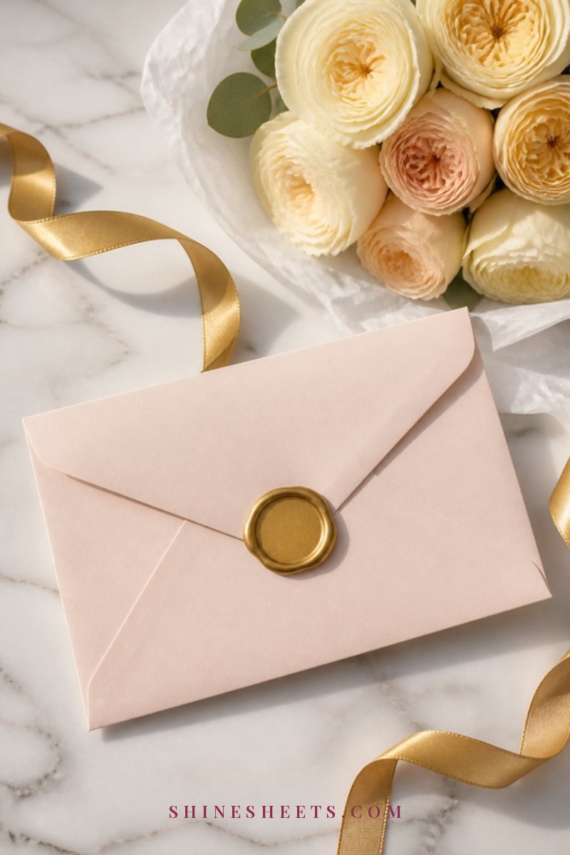 A blush envelope sealed with gold wax next to a small bouquet of cream roses and a gold ribbon on a white table
