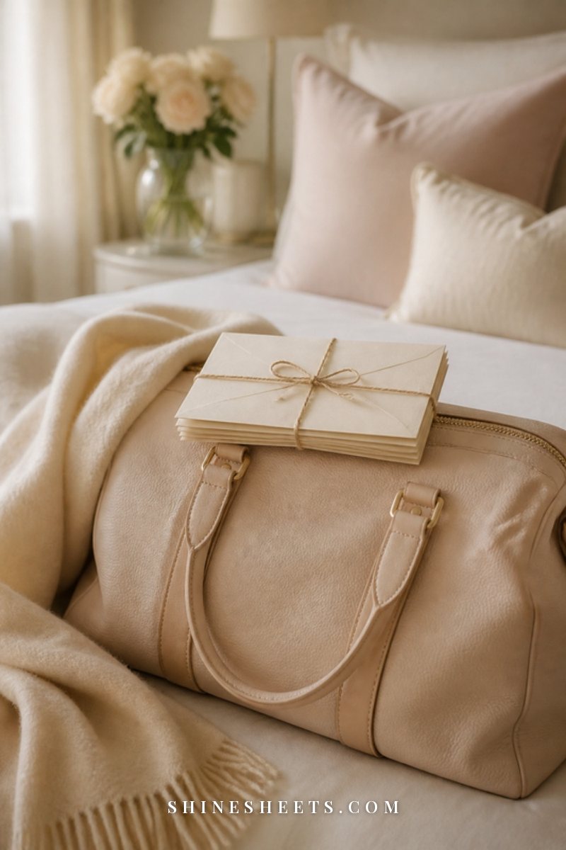 A bundle of cream envelopes tied with twine resting on a beige leather travel bag with a folded cashmere scarf