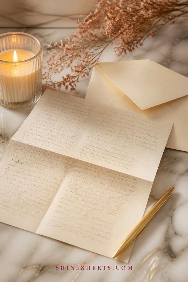 A cream envelope beside a cup of tea, a single tea bag and a sprig of dried lavender on a soft knit blanket