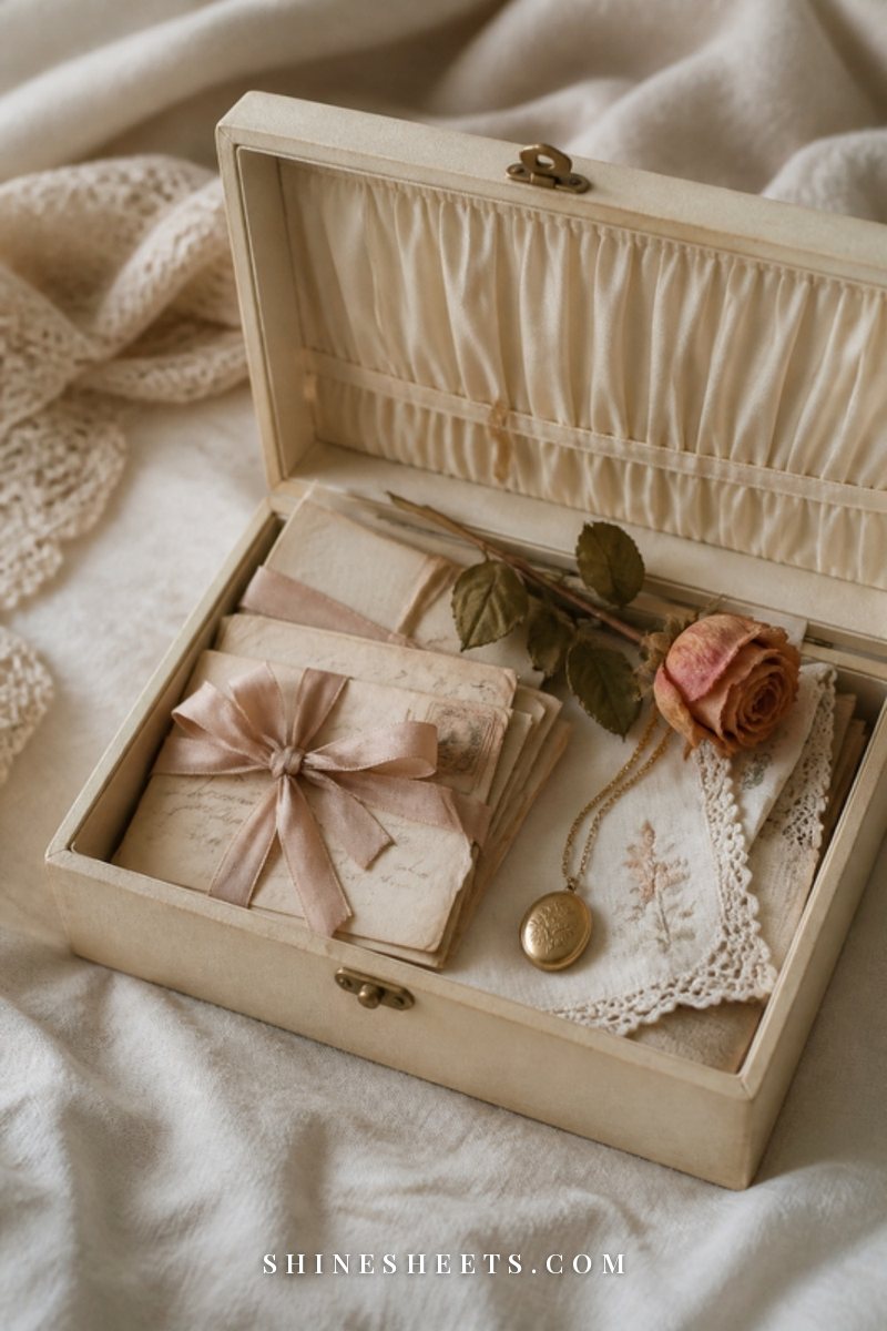 A cream linen keepsake box filled with upright envelopes in blush and kraft tones, tied with a satin ribbon