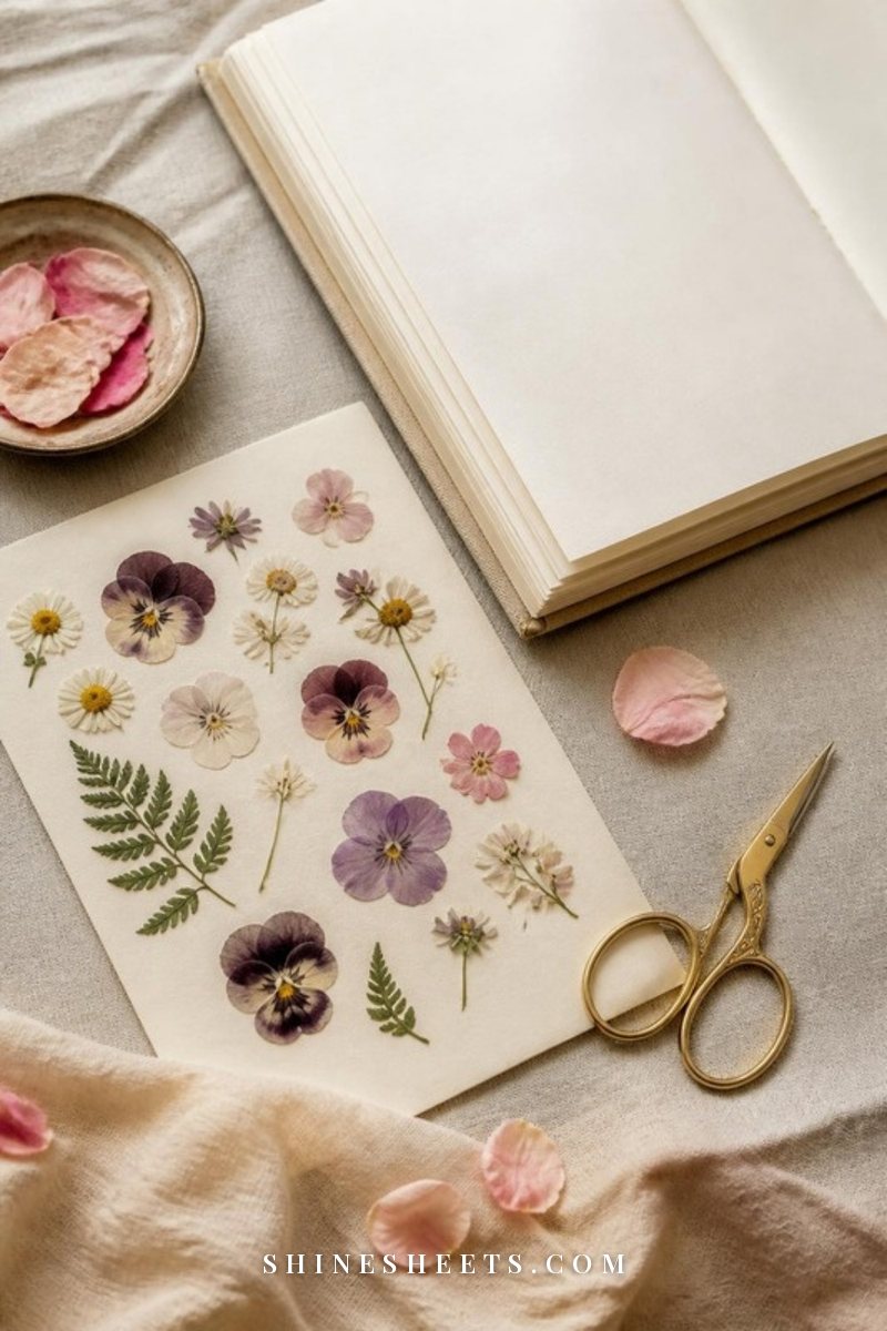 Small flat treasures laid out on cream linen: a tea bag, pressed flowers, a photo turned face down and a silk ribbon