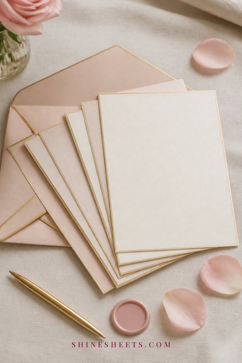 A stack of cream envelopes tied with a blush silk ribbon on a white linen tablecloth beside dried flowers