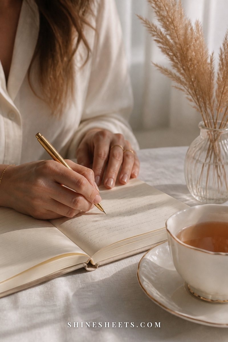 A woman's hand writing on cream paper with a gold pen, soft illegible script, beside a cup of tea and a candle