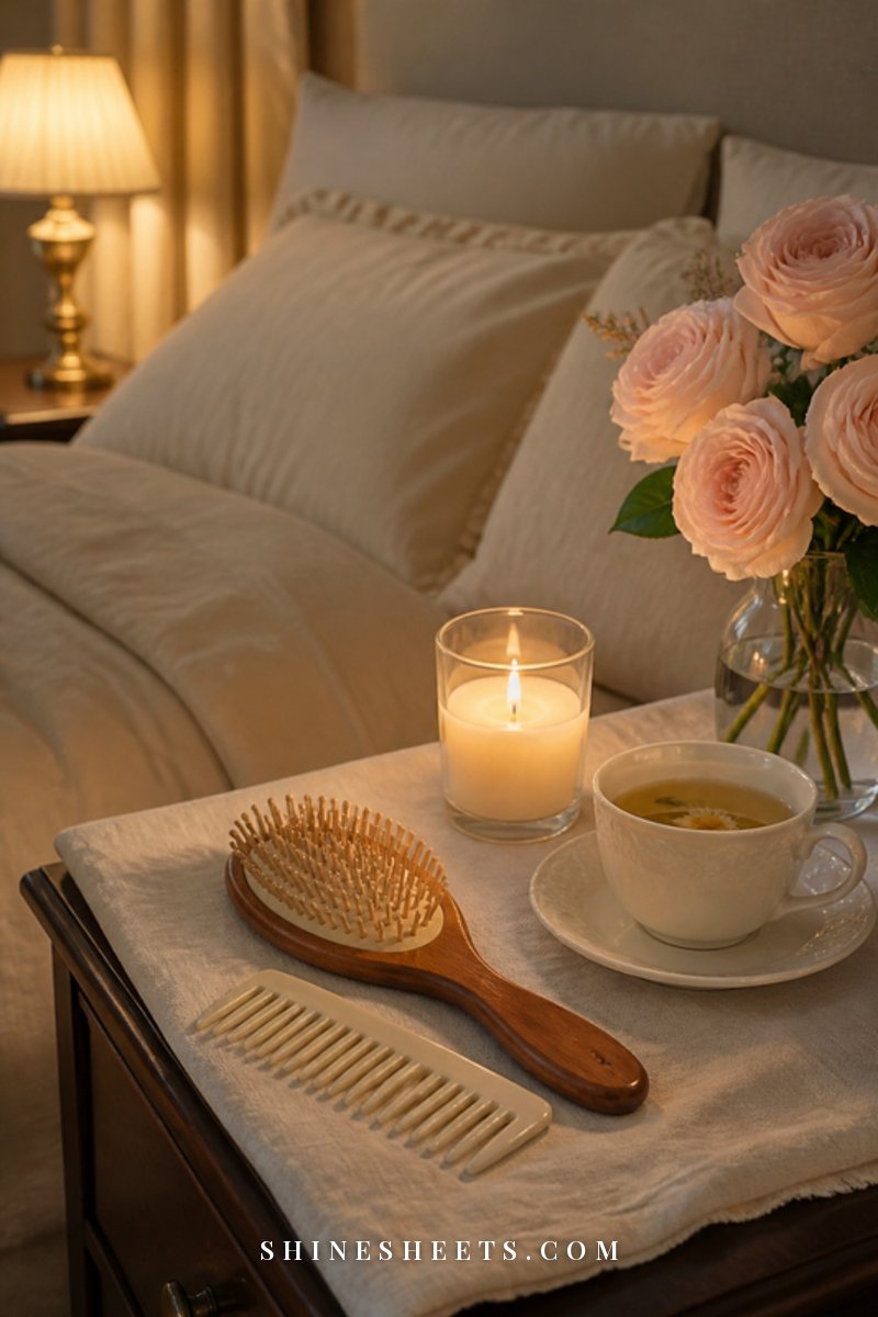 Boar bristle hair brush and a cream wide-tooth comb on a cream linen nightstand beside a lit glass candle and a cup of tea