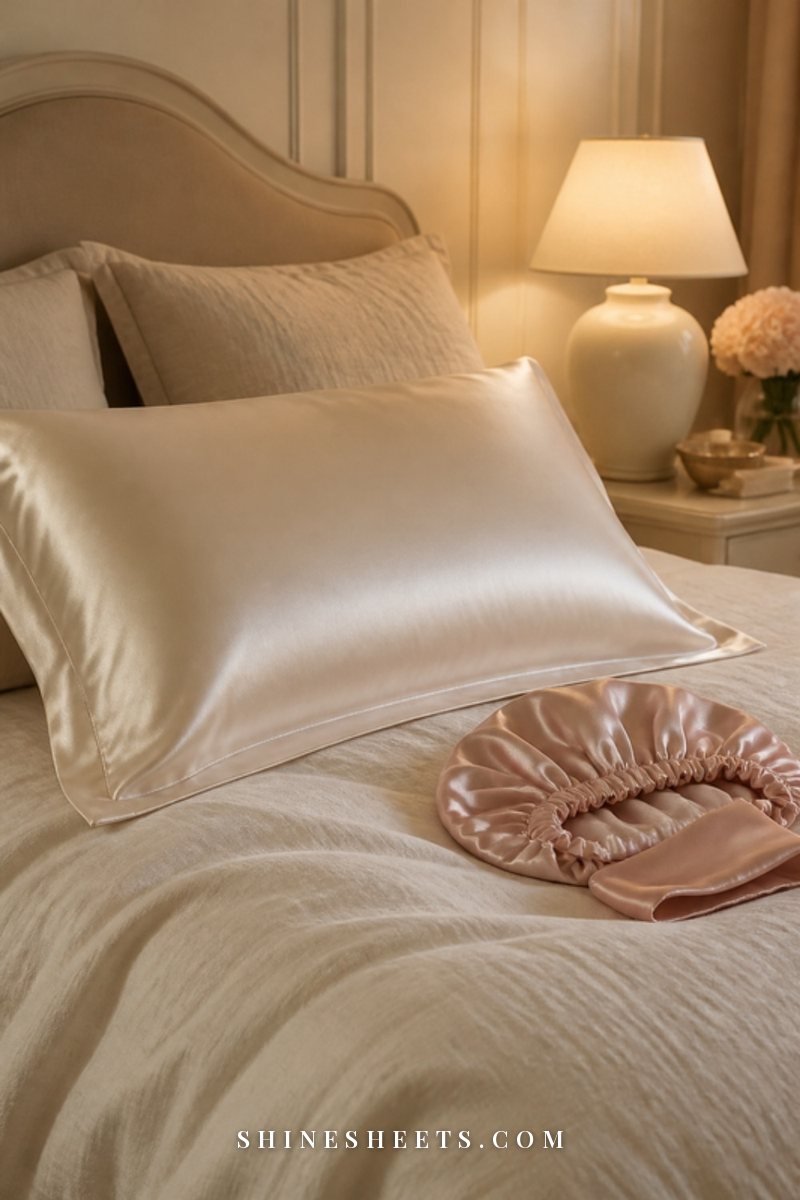 Ivory silk pillowcase on a made bed with a blush satin bonnet folded beside it and soft evening lamp light
