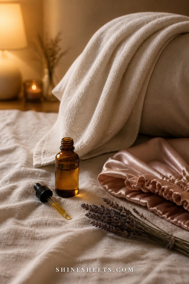 Small amber glass dropper bottle of hair oil, a cream towel draped over a pillow and a satin bonnet on a linen bed