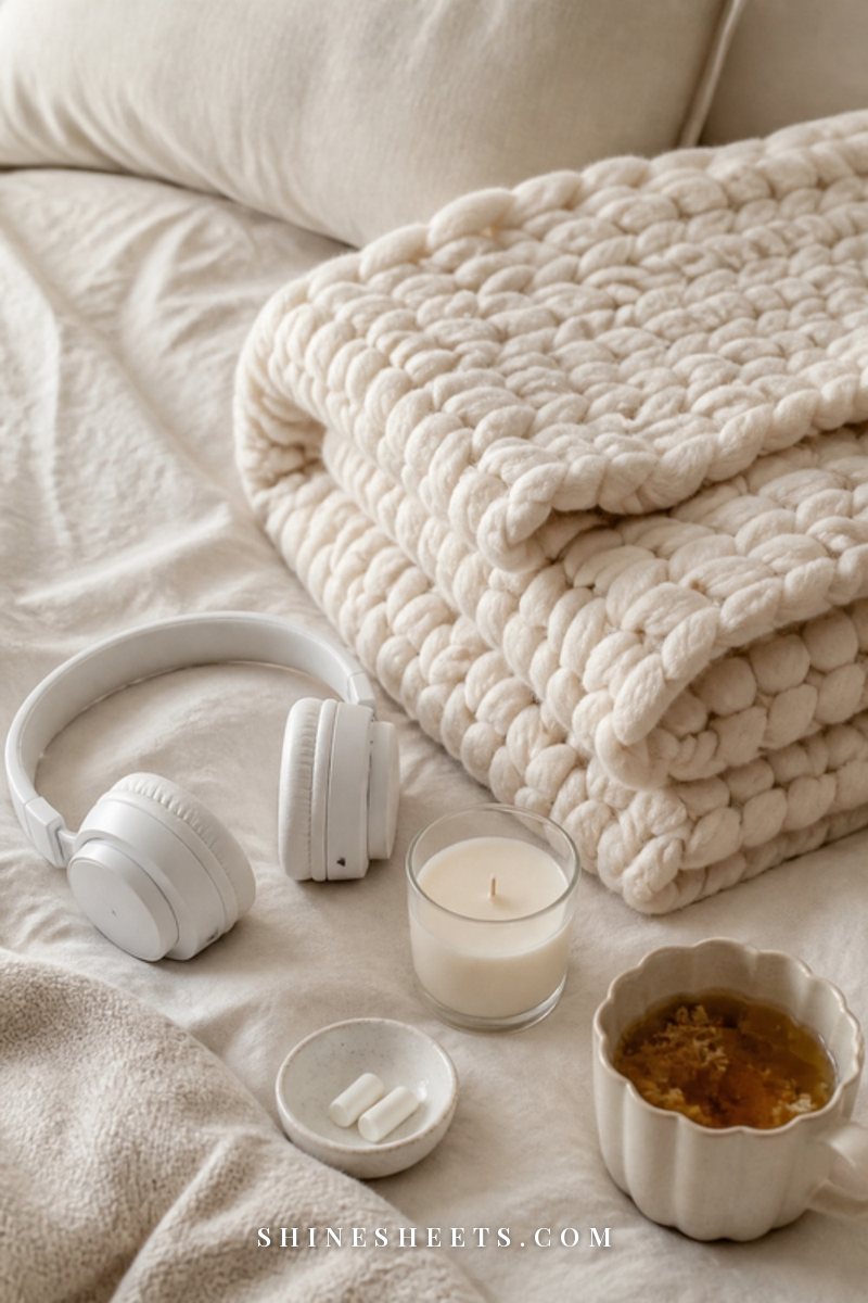 A calm still life of a weighted cream blanket, white headphones, an unlit candle and a cup of tea on a linen bed