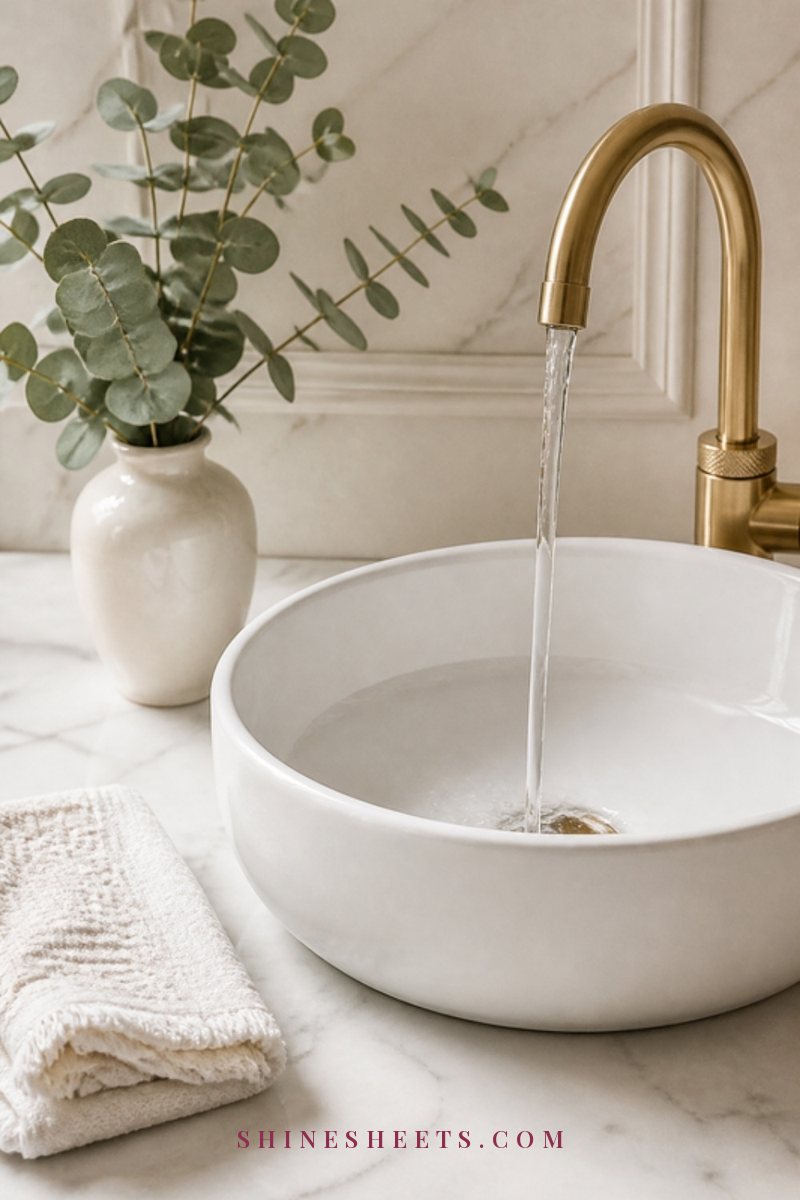 Cool water running from a brass tap into a white ceramic basin with a folded cream hand towel beside it