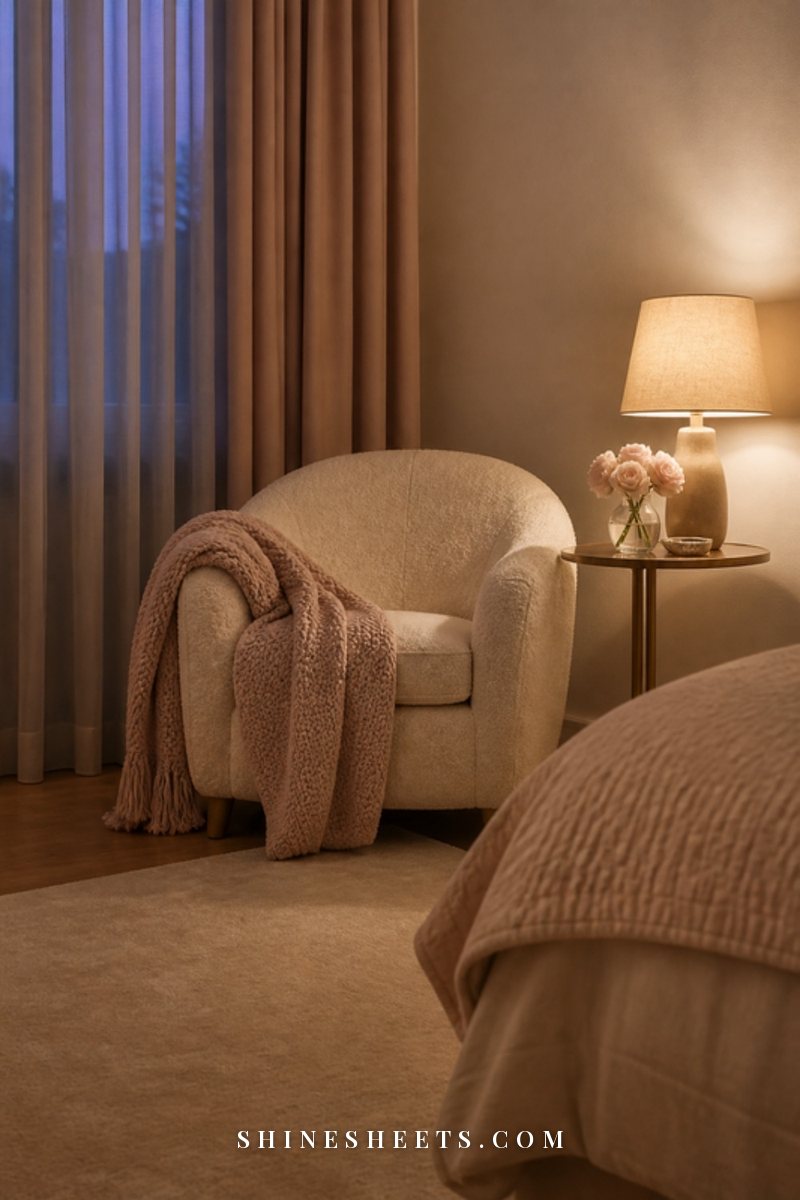 A dim, calm bedroom corner with a cream armchair, a soft blush throw and a single warm lamp glowing at dusk