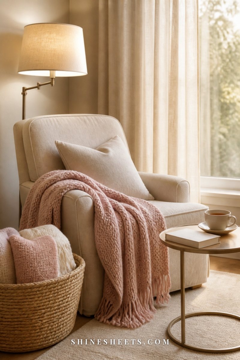 A quiet reading corner with a cream armchair, a knitted throw, a dim lamp and a basket of soft blankets