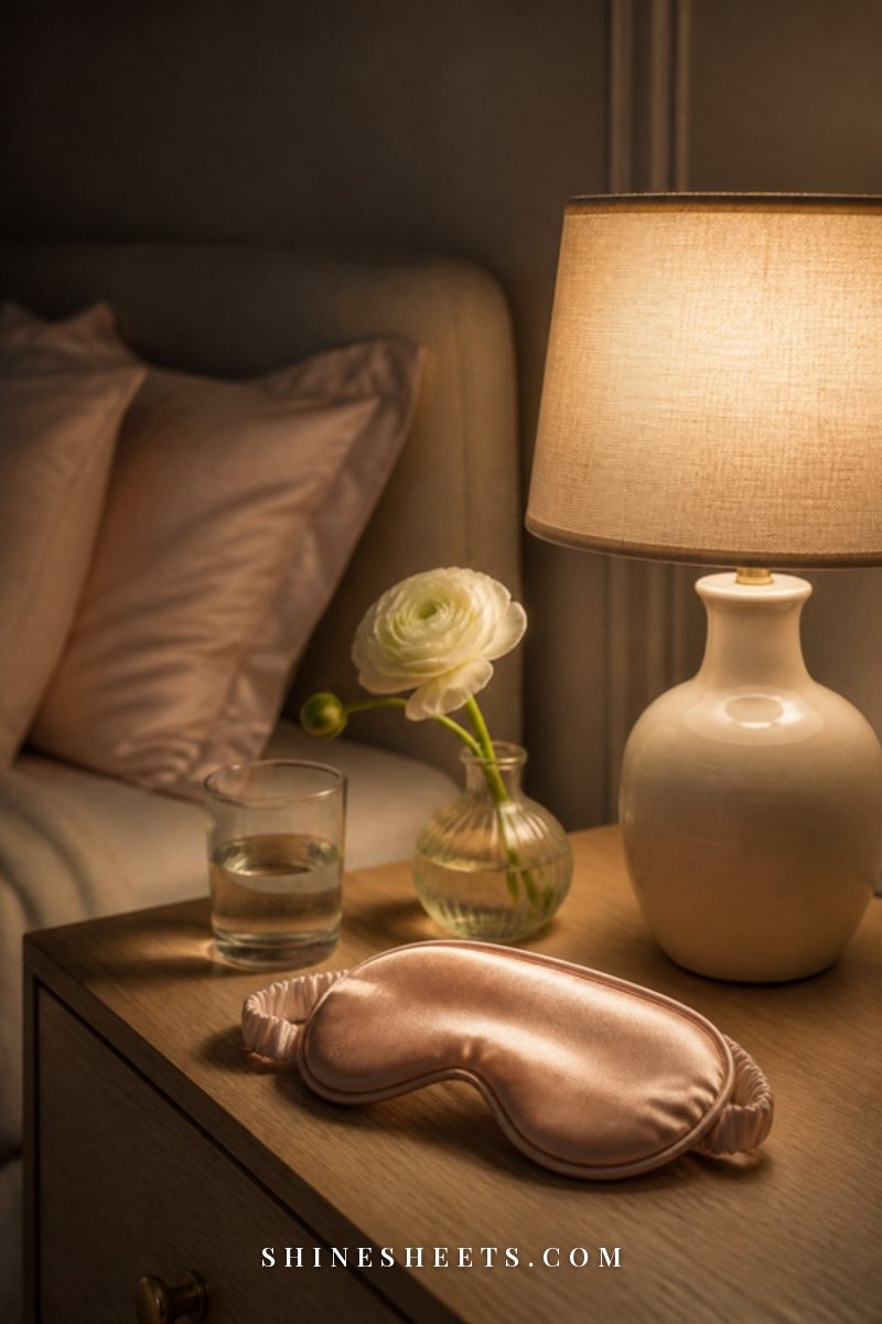 A small dimmable lamp with a cream linen shade glowing softly on a bedside table beside a silk eye mask