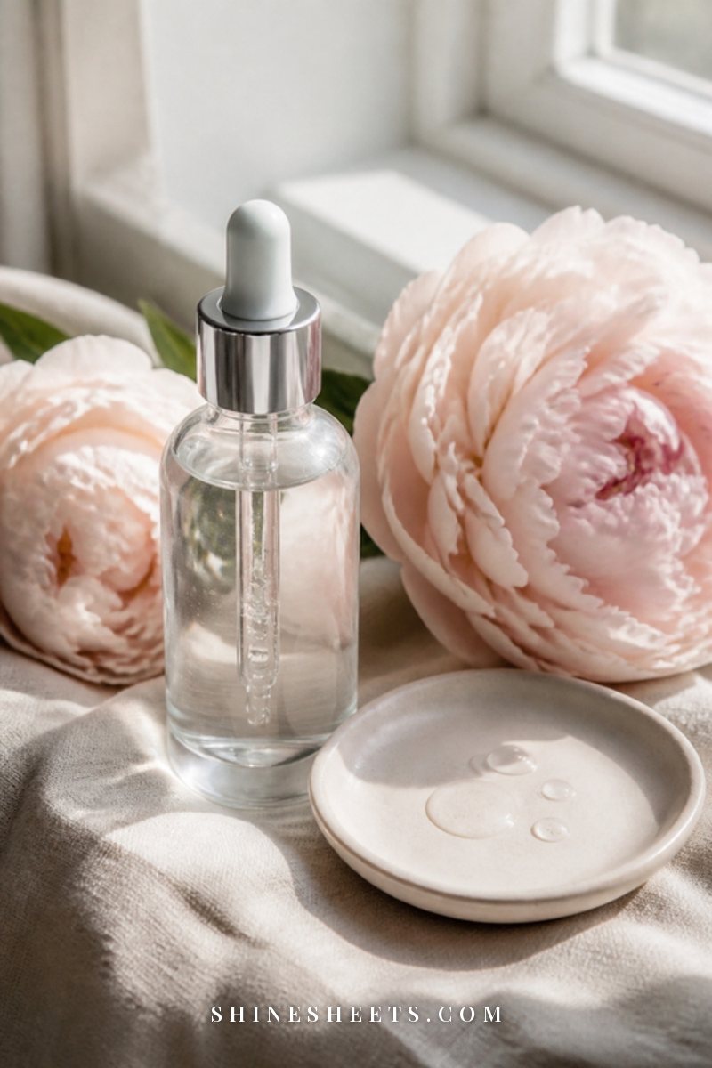 Clear glass dropper bottle of hydrating serum on a cream linen cloth next to blush peonies and a small ceramic dish in soft daylight