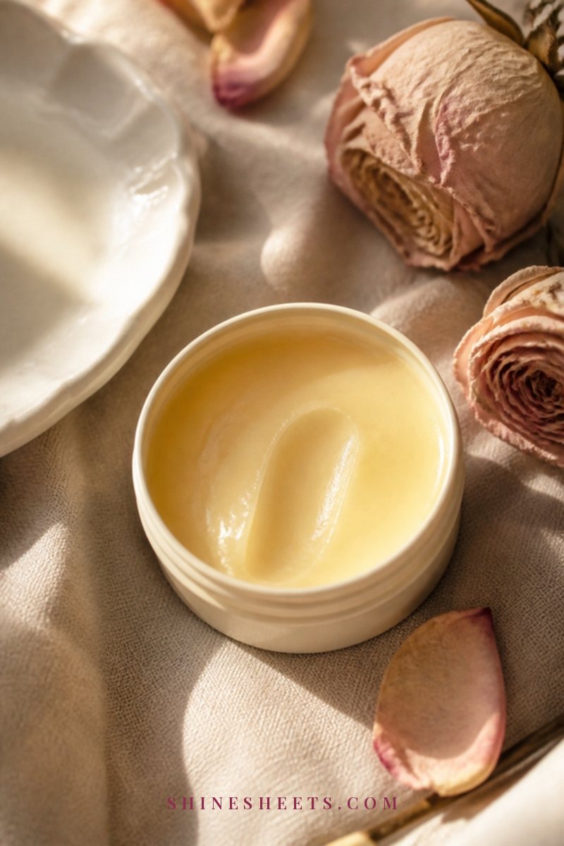 Small cream tin of rich healing balm opened on a beige linen napkin next to a white ceramic lip dish and dried blush roses