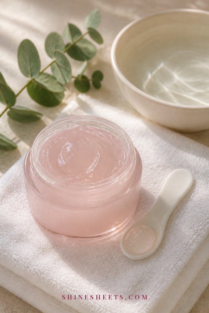 Soft blush jar of soothing gel balm on a white towel beside a sprig of eucalyptus and a cream ceramic bowl in gentle morning light