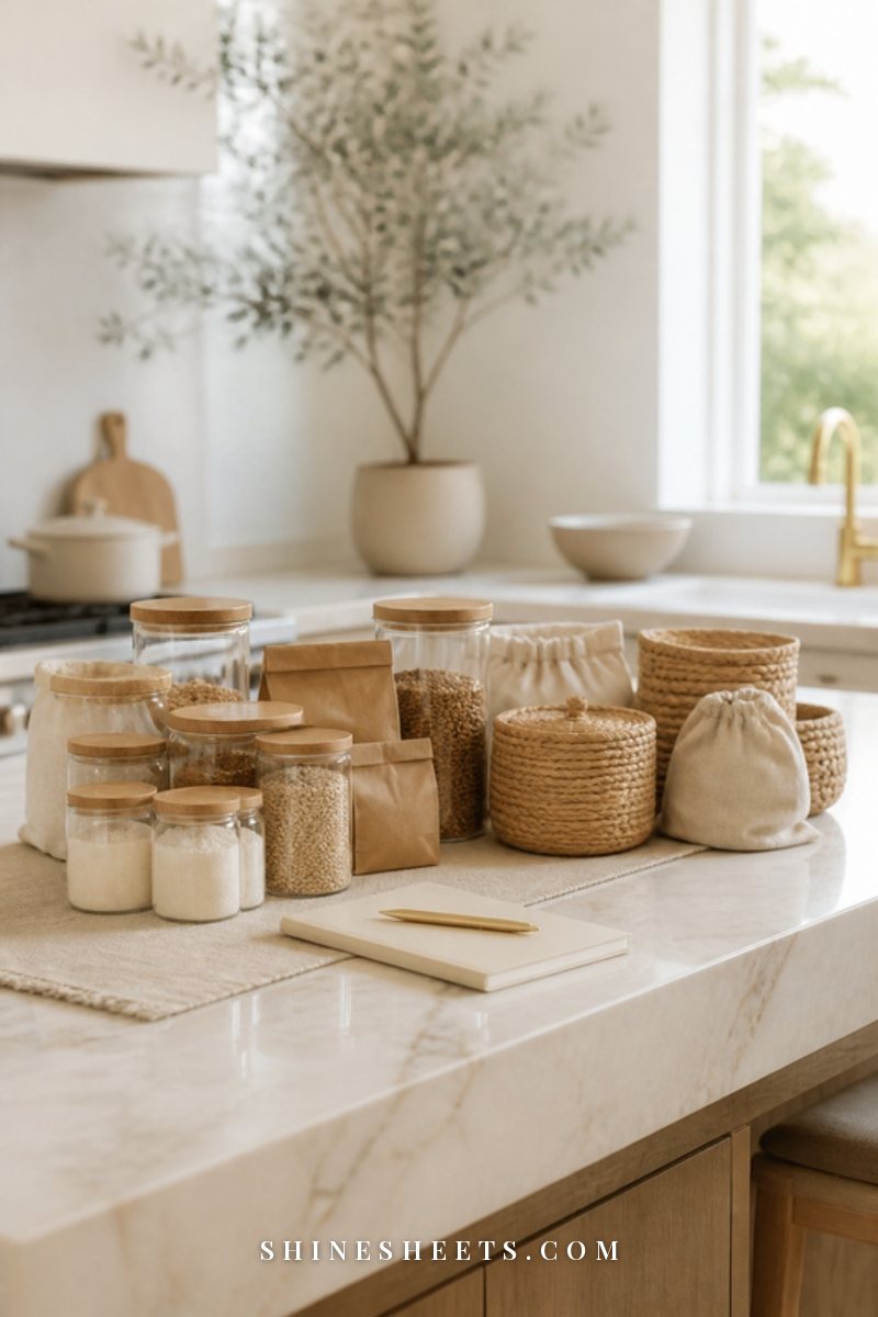 Kitchen island covered with sorted pantry jars and boxes grouped by category on cream linen
