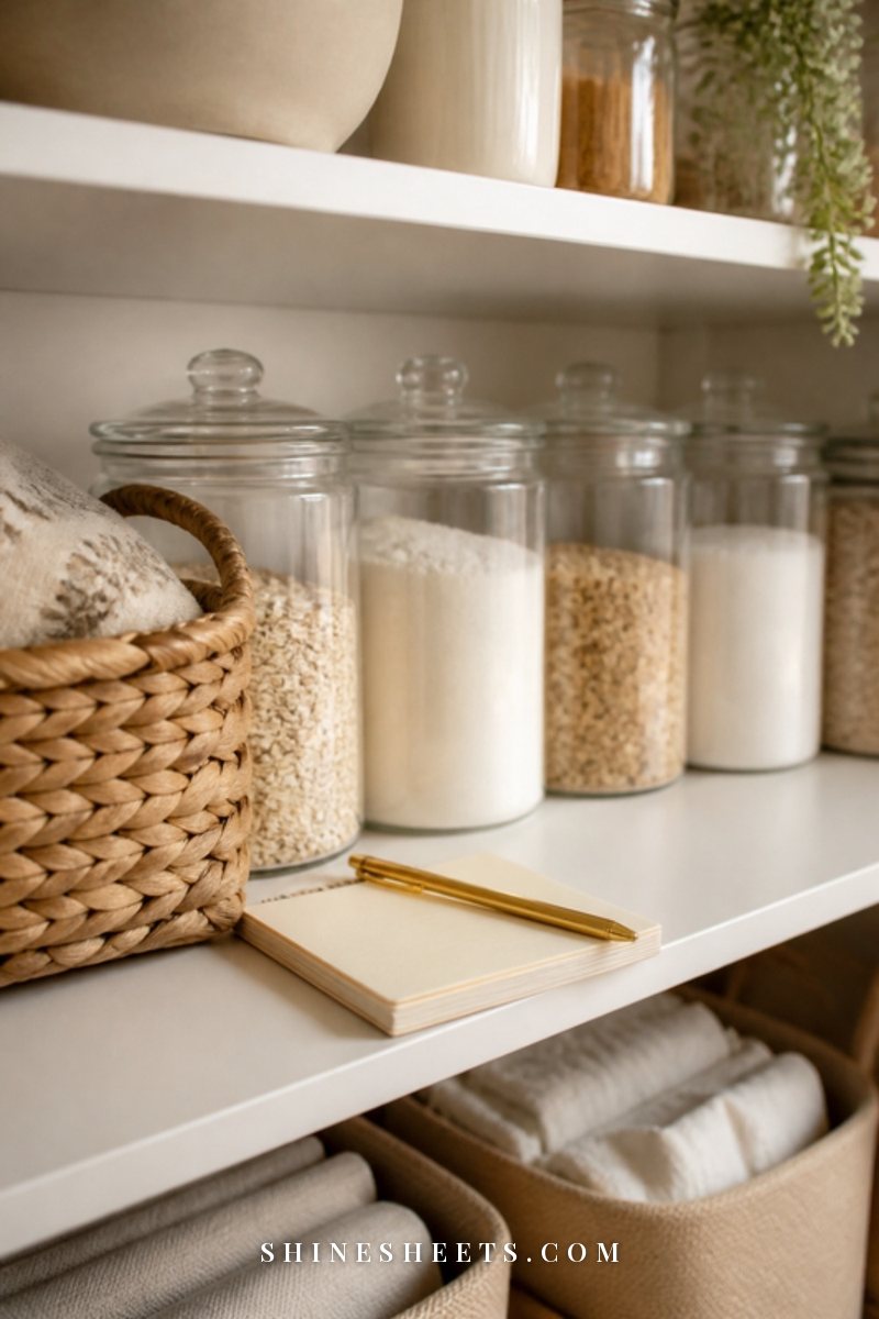 Neat white pantry shelf with canisters lined up, a small basket and a cream notepad