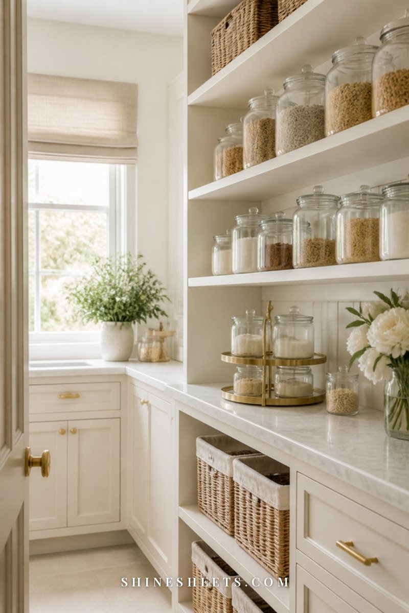 Open cream pantry with neatly lined clear canisters, woven baskets and white shelves in soft light
