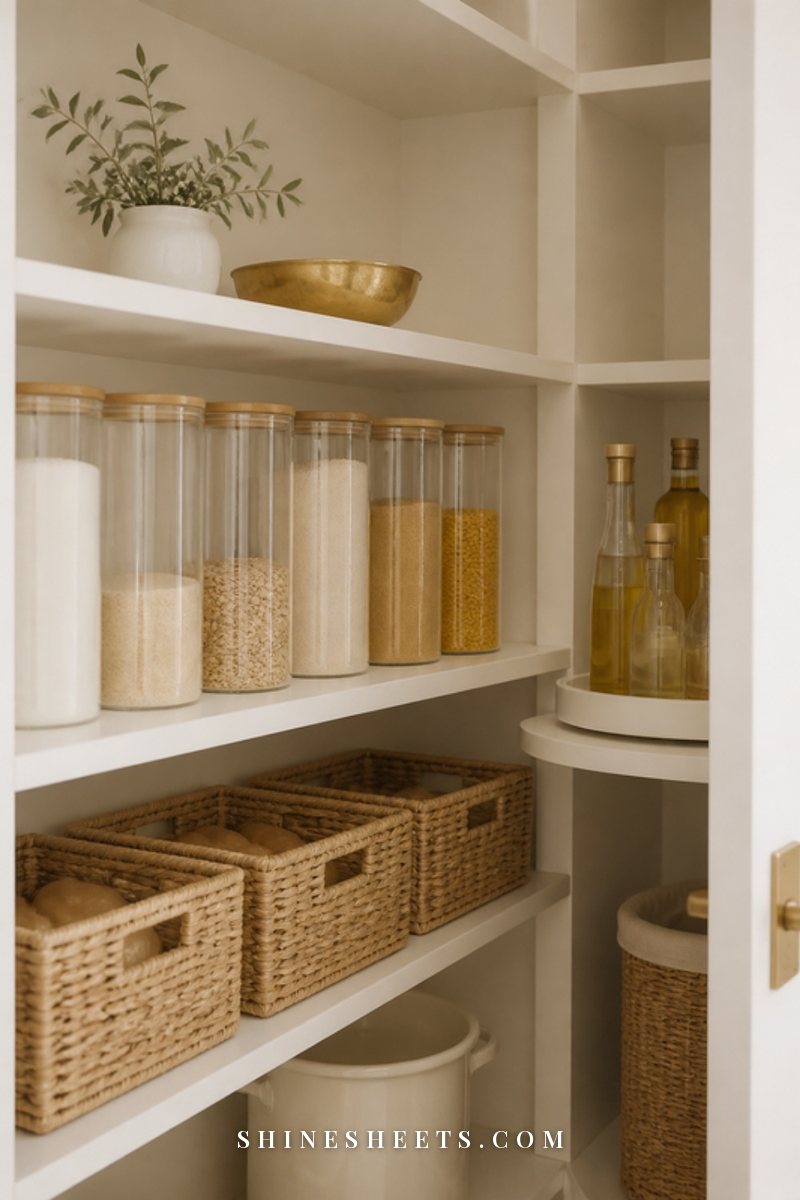 Pantry shelves arranged in clear zones with baskets, jars and a turntable in a bright cream kitchen