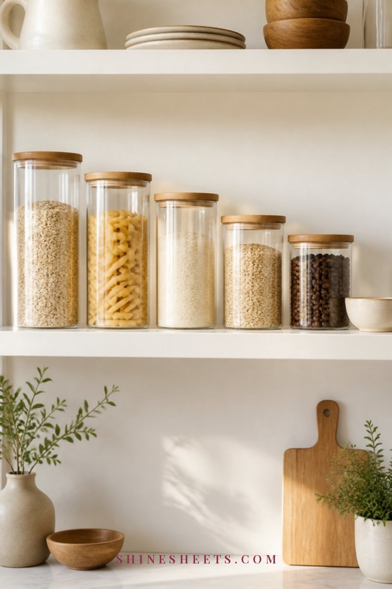 Row of clear airtight canisters filled with pantry staples on a white shelf with a gold scoop