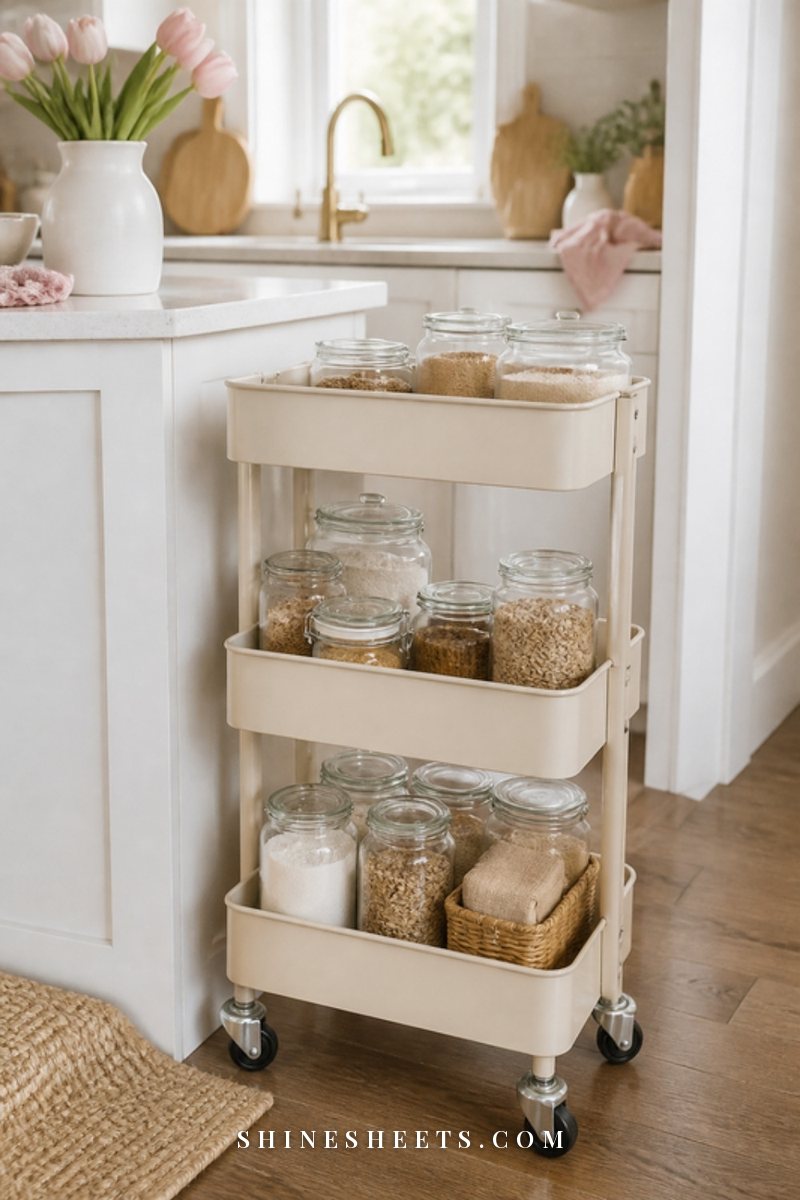 Three-tier cream rolling cart with clear jars and woven baskets tucked beside a kitchen counter