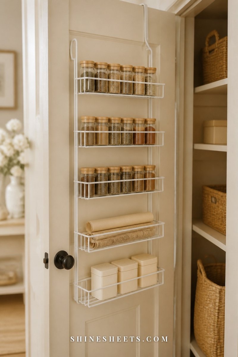 White over-the-door pantry organizer with wraps and spice jars on a cream pantry door
