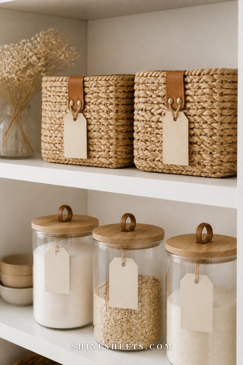 Woven baskets and clear canisters with simple blank cream labels on a tidy pantry shelf