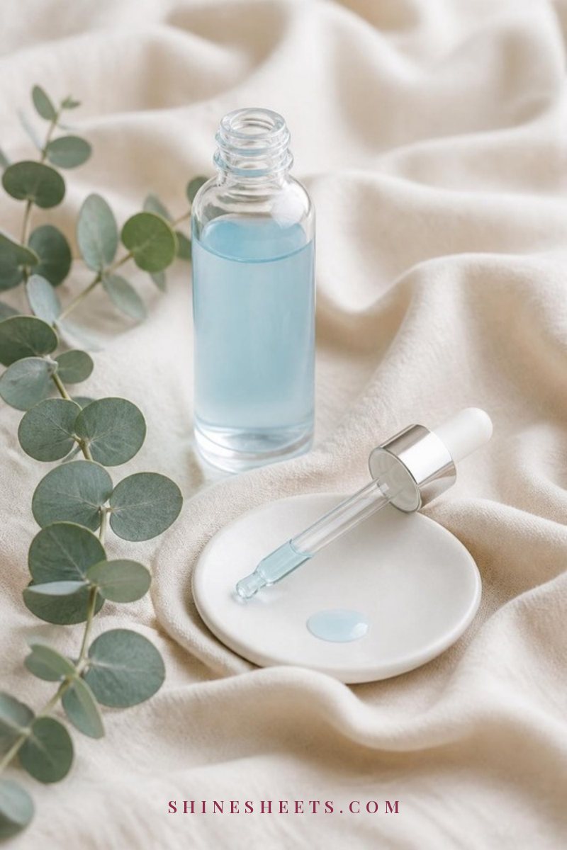 A clear glass dropper bottle of pale blue serum on a cream linen cloth beside a white ceramic dish and a sprig of eucalyptus in soft light