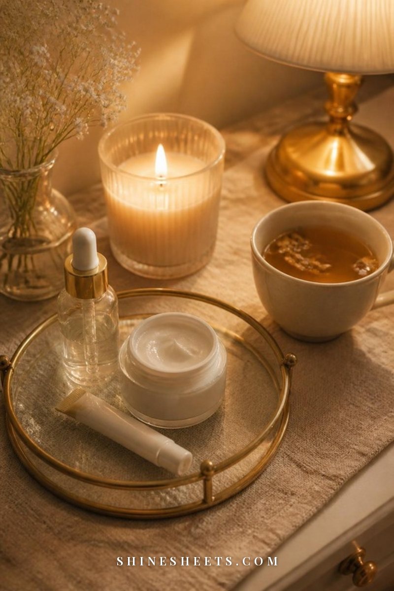 An evening vanity tray with a glass dropper serum, a white jar of night cream, a lit glass candle and a cup of herbal tea in warm golden light