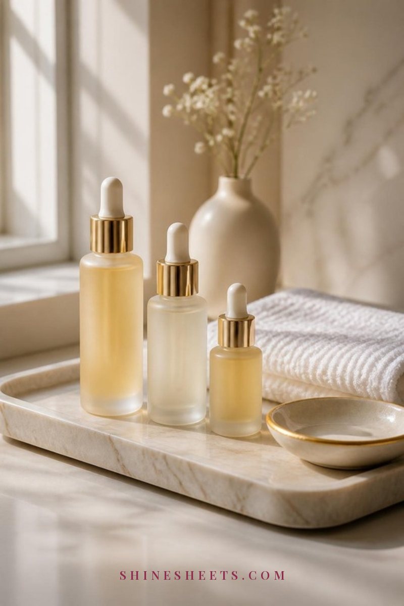 Three frosted glass dropper serum bottles on a cream marble tray with a folded white towel and a small gold dish in soft morning light