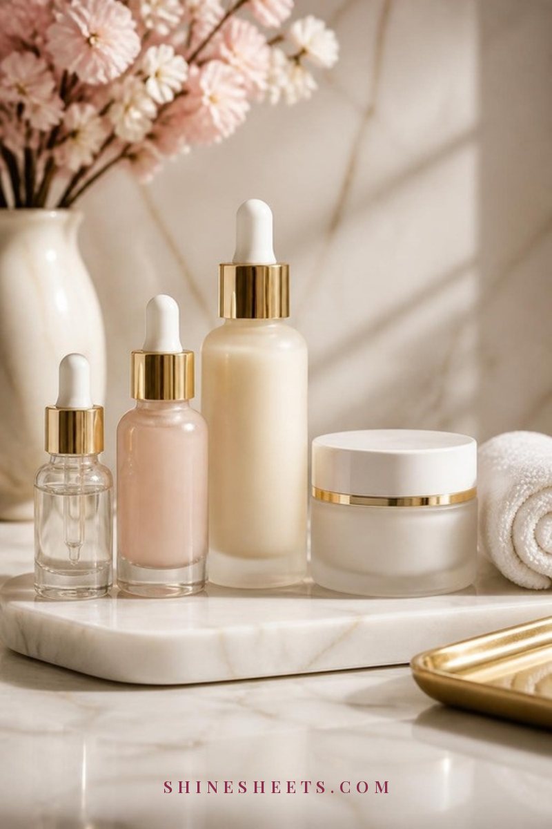 Three glass serum bottles in clear, blush and cream glass arranged in a row on a white marble vanity tray with a jar of moisturizer and a rolled white towel