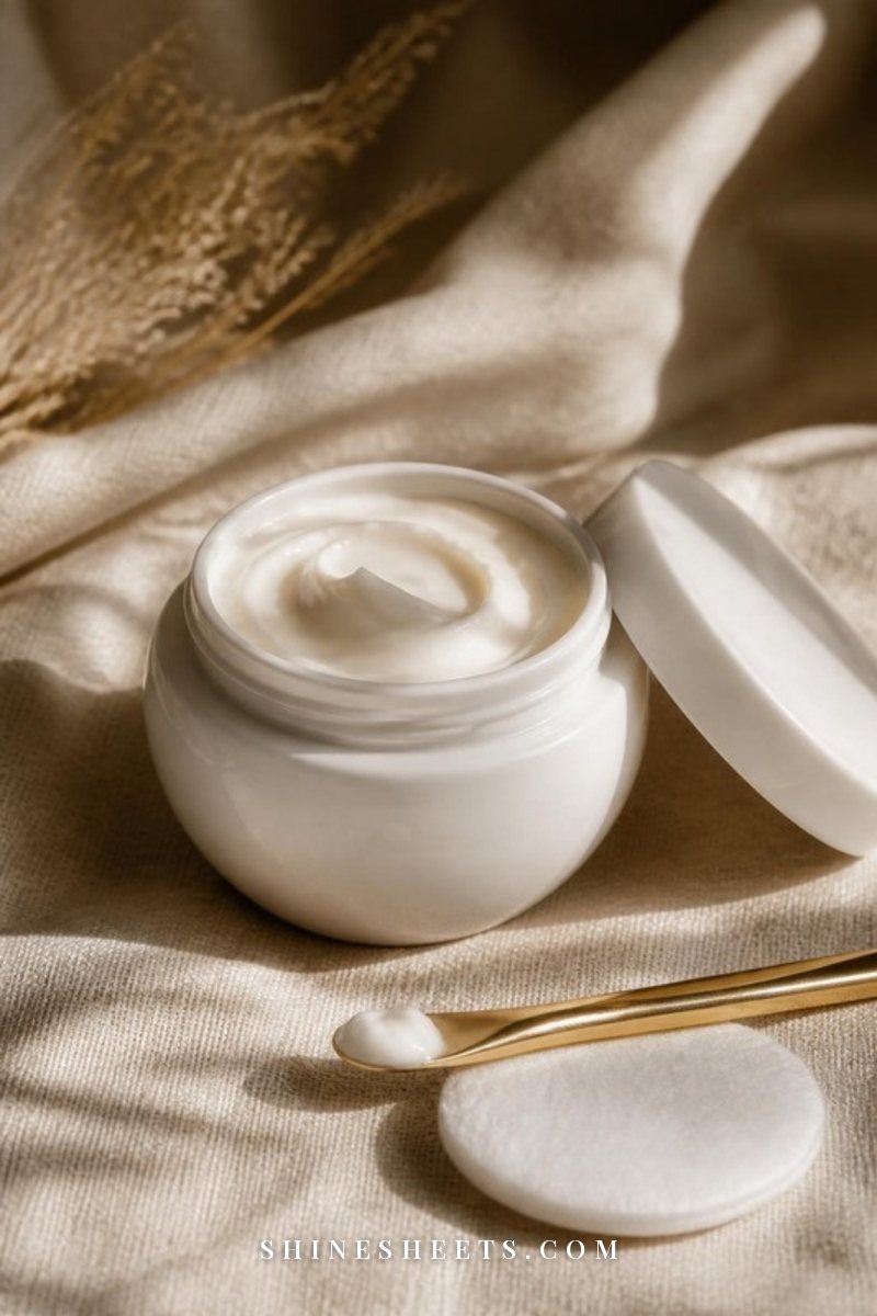 A white jar of rich peptide cream with its lid off next to a small gold spatula and a soft cotton pad on a beige linen surface in warm light