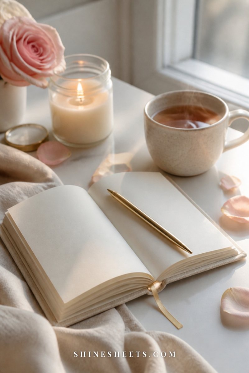 An open cream linen journal with a pen, a lit glass candle and a cup of tea on a white desk in soft morning light