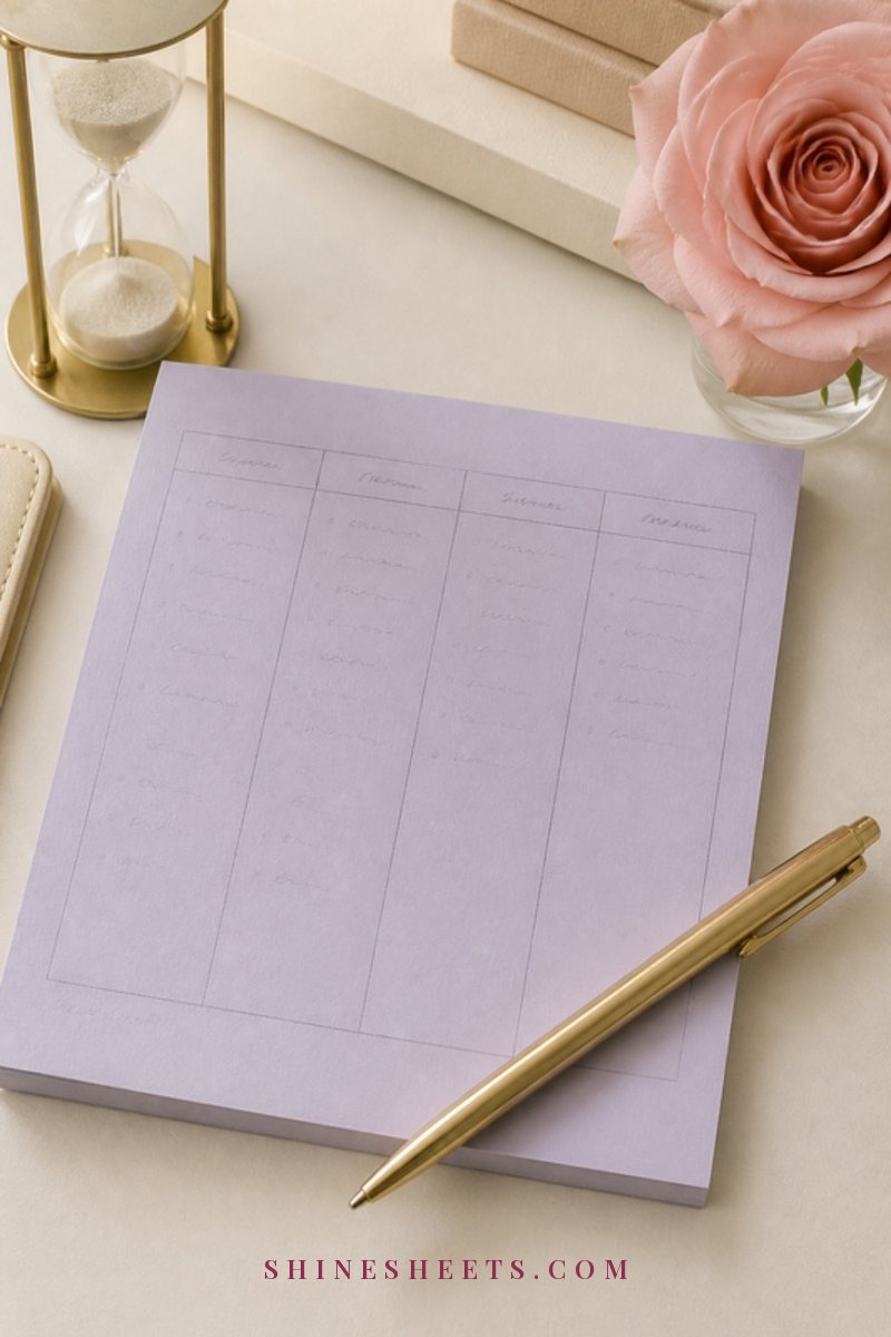 A pastel notepad with a soft hand-drawn grid and illegible pencil marks next to a gold pen and a sand timer on a cream desk