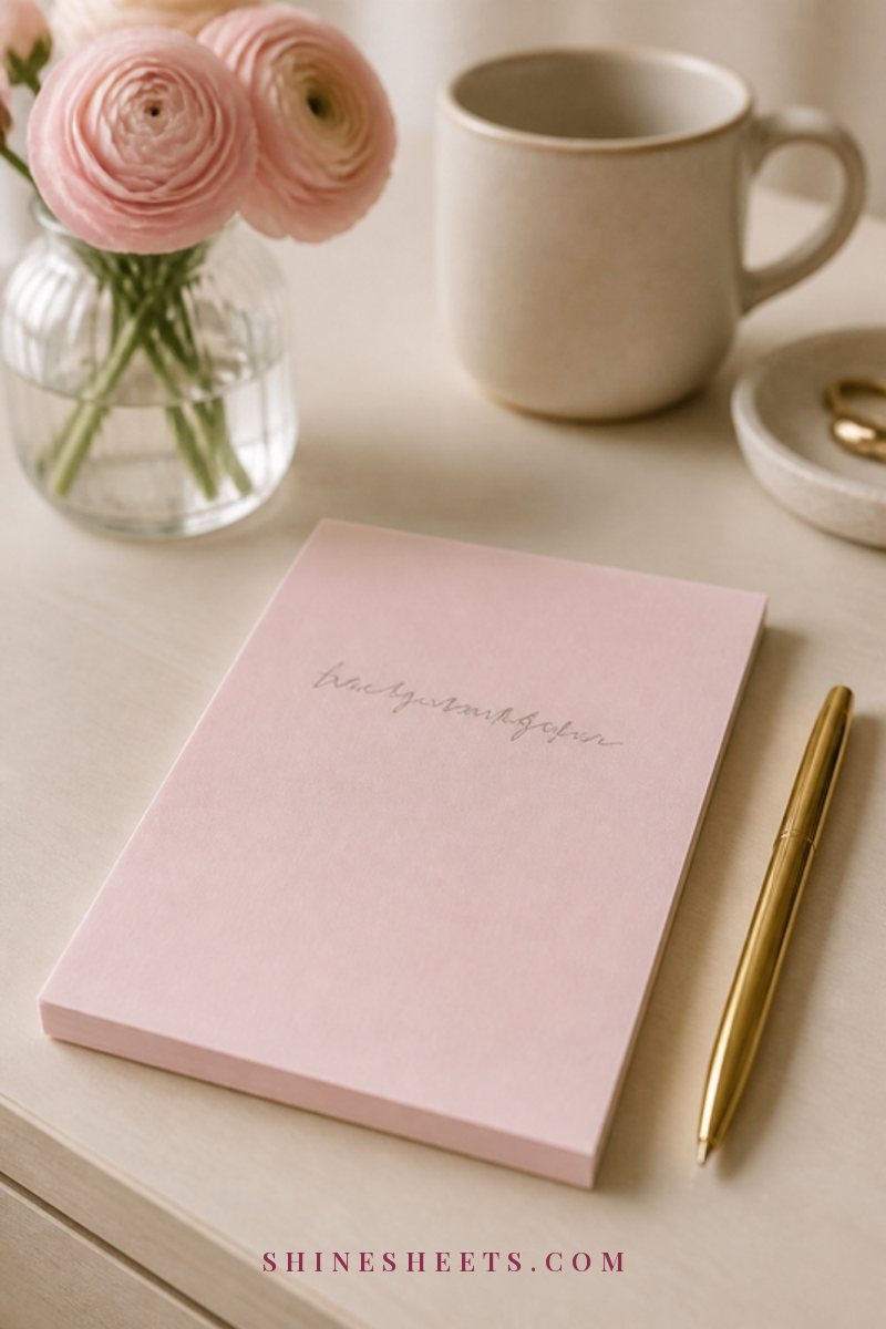 A pastel pink desk notepad with soft illegible handwriting, a gold pen and a small vase of blush flowers on a cream desk