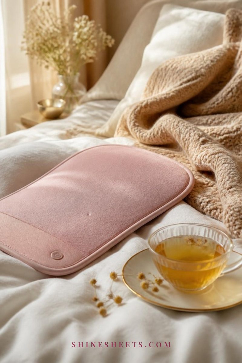 Blush pink heating pad and a cup of herbal tea on a cream linen bed with a soft knit blanket