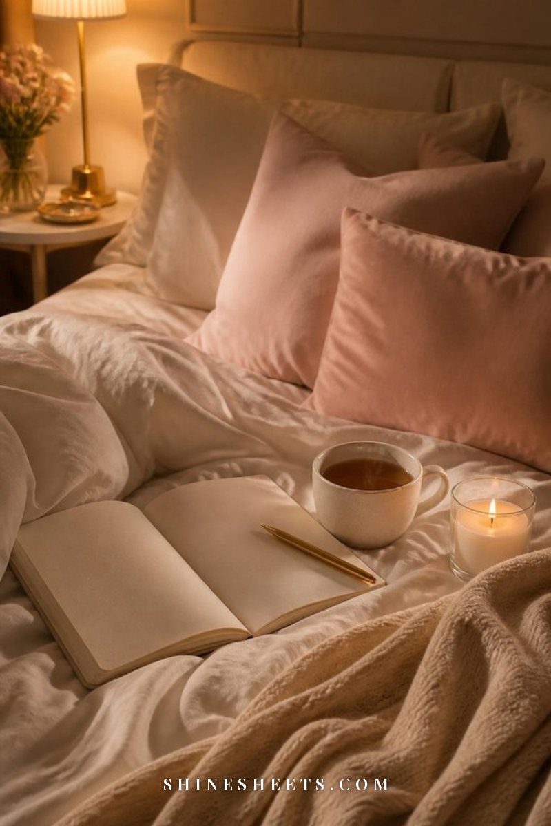 Cozy bed with cream linen, a blank journal, a glass candle and a mug of tea in warm evening light