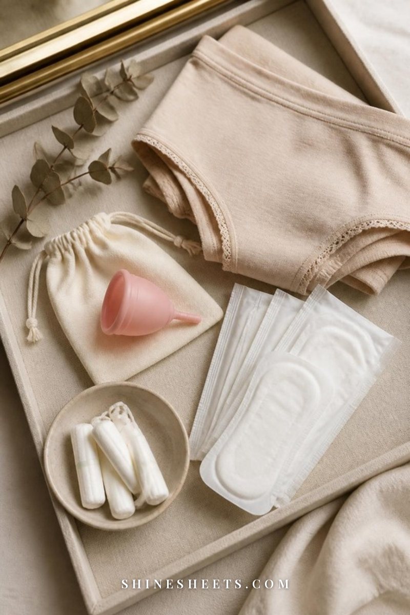Folded beige period underwear, a pink menstrual cup and wrapped pads arranged on a cream linen tray