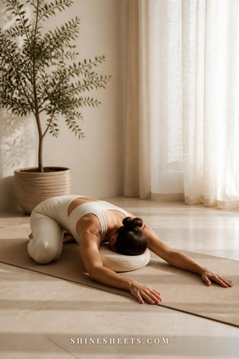 Woman in cream activewear resting in child's pose on a beige yoga mat in a bright, calm room