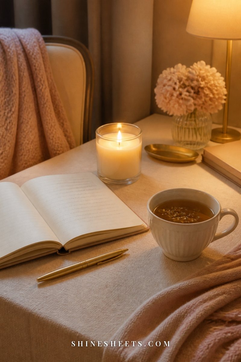 A desk corner with a lit glass candle, an open notebook with soft scribbles and a cup of evening tea