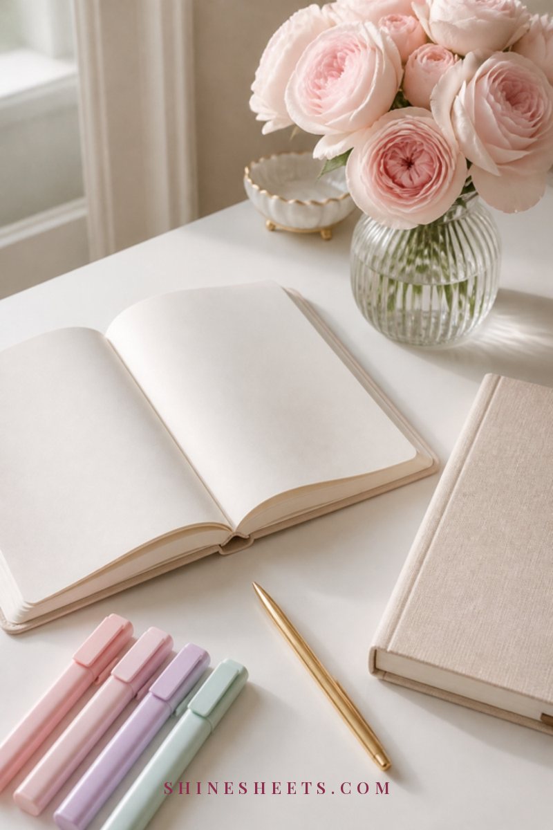 An open blank planner, a cream linen notebook and pastel highlighters on a white desk with soft morning light