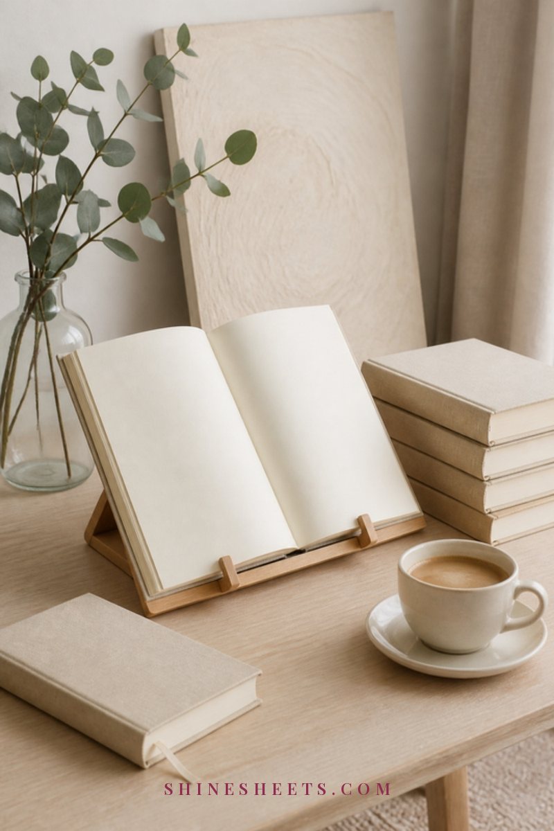 A stack of cream books on a wooden book stand beside a linen notebook, a cup of coffee and a sprig of eucalyptus