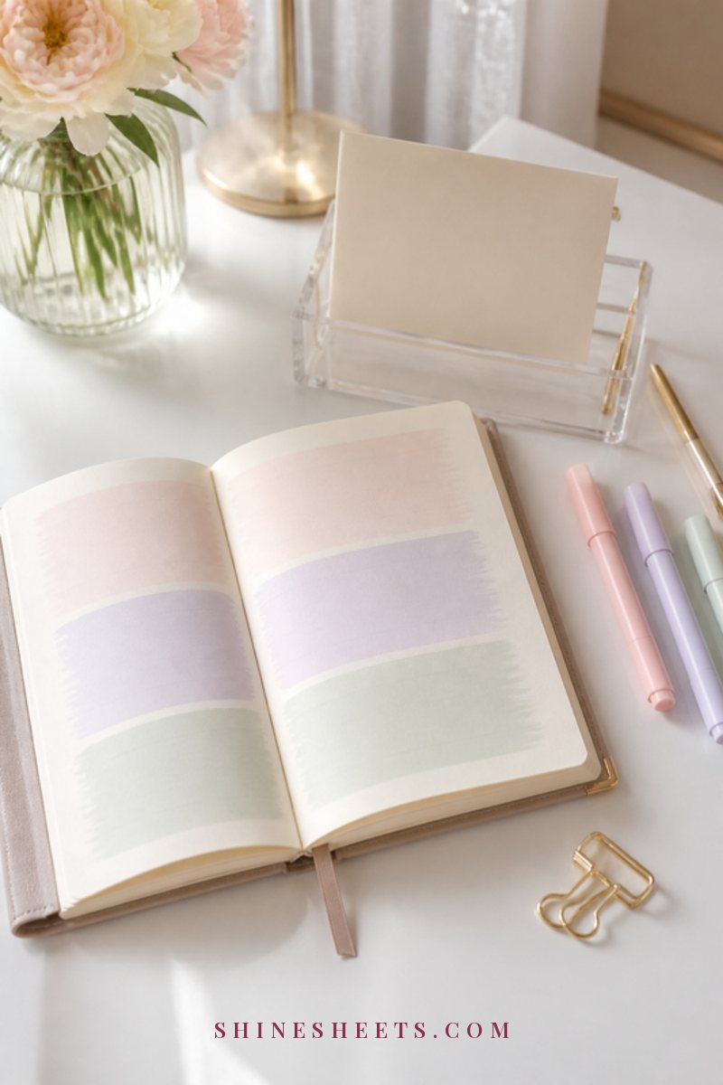 An undated goal planner open to a blank page beside a clear acrylic desk stand and pastel highlighters on a white desk