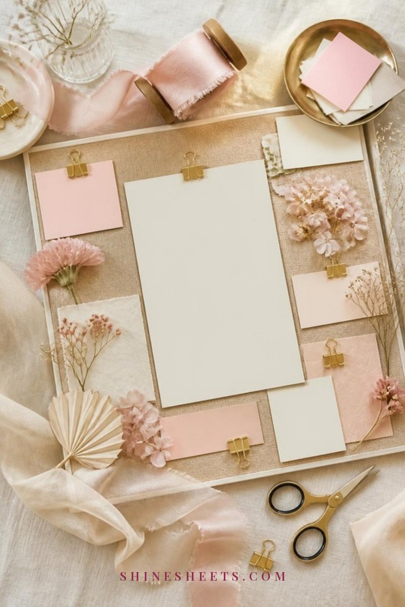 Cream vision board with blank cards, pressed flowers, gold clips and blush ribbon spread across a linen tablecloth